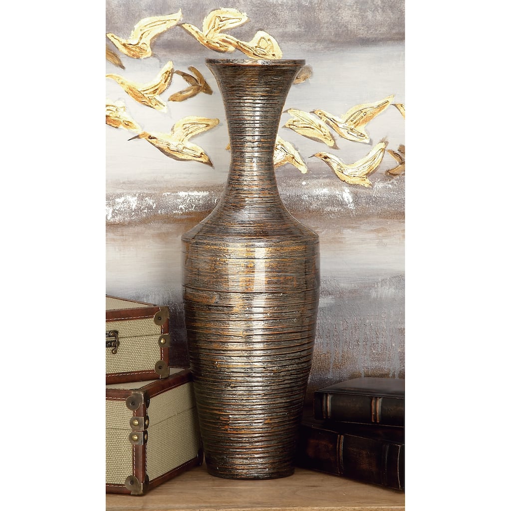 Dark Brown Bamboo Wood Tall Floor Decorative Vase with Lacquer