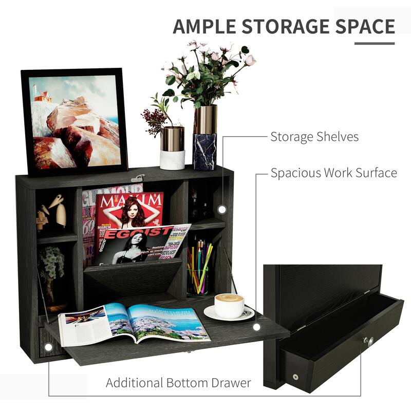 Black Particleboard MDF Wall-Mounted Foldable Desk with Drawer and Grids