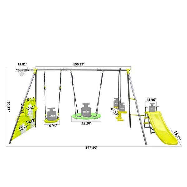 dimension image slide 0 of 2, Six-Function Swing Set with Net for Outdoor Fun Safe for Kids Green & Blue - 152.49” L x 53.55” W x 70.87” H