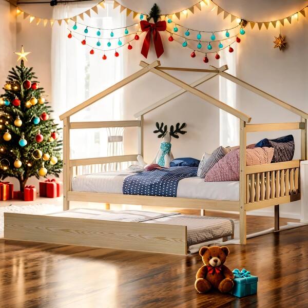 slide 2 of 51, Kid Bed Frame Full Size Wooden House Platform Bed with Twin Size Trundle Natural