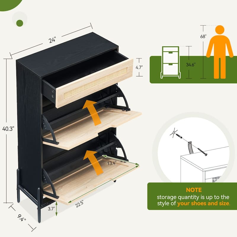 Rattan Shoe Cabinet with 2 Flip Drawers and 1 Small Drawer