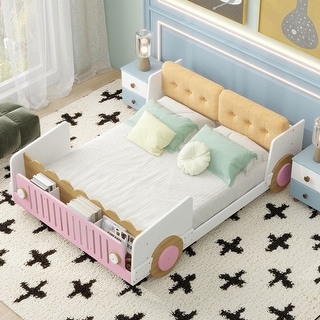 Full Size Car-Shaped Platform Kids Bed Frame with Soft Cushion Headboard, Built-in Footboard Shelves, and Fun Design, White