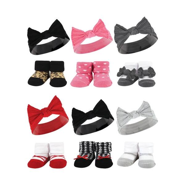 slide 1 of 1, Hudson Baby Infant Girl 12Pc Headband and Socks Giftset, Black Wild Rose Leopard Red Houndstooth Bows, One Size Black Wild Rose Leopard Red Houndstooth Bows - One Size