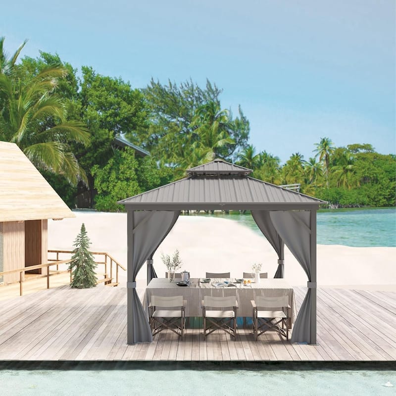 12 Ft x 12 Ft (12 Ft x 16 Ft / 12 Ft x 20 Ft )Hardtop Gazebo with Netting and Curtains, Galvanized Steel Double Roof
