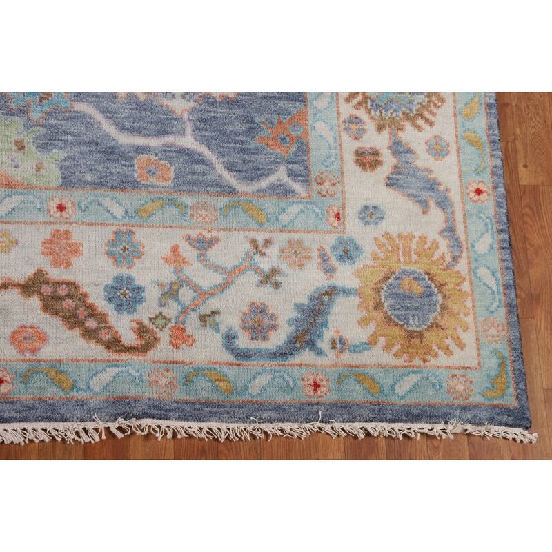 All-Over Blue Floral Oushak Indian Area Rug Hand-Knotted Wool Carpet - 7'11" X 9'9"