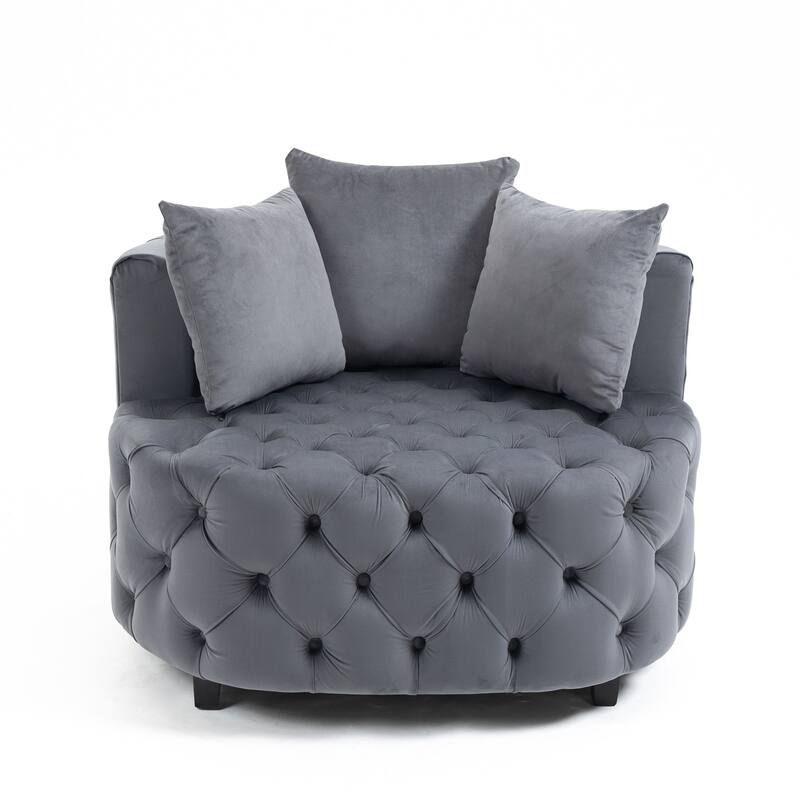 Oversized Barrel Accent Chair with 3 Pillows, Velvet Tufted Upholstered Round Club Chair, Ergonomic Reading Sofa Chair - Gray