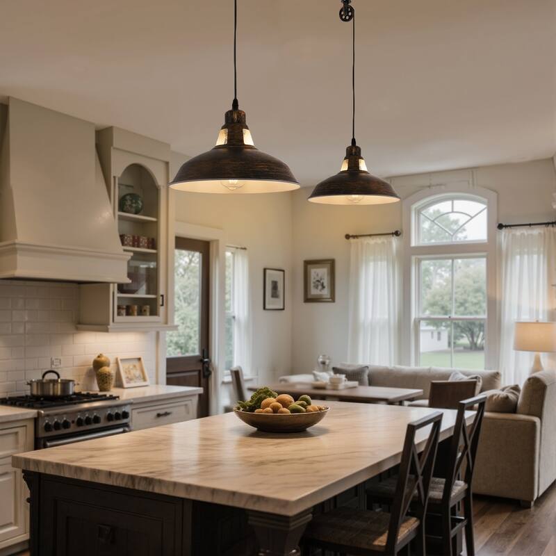 YANSUN Industrial Pulley Pendant Light with Rust Finish and Switch