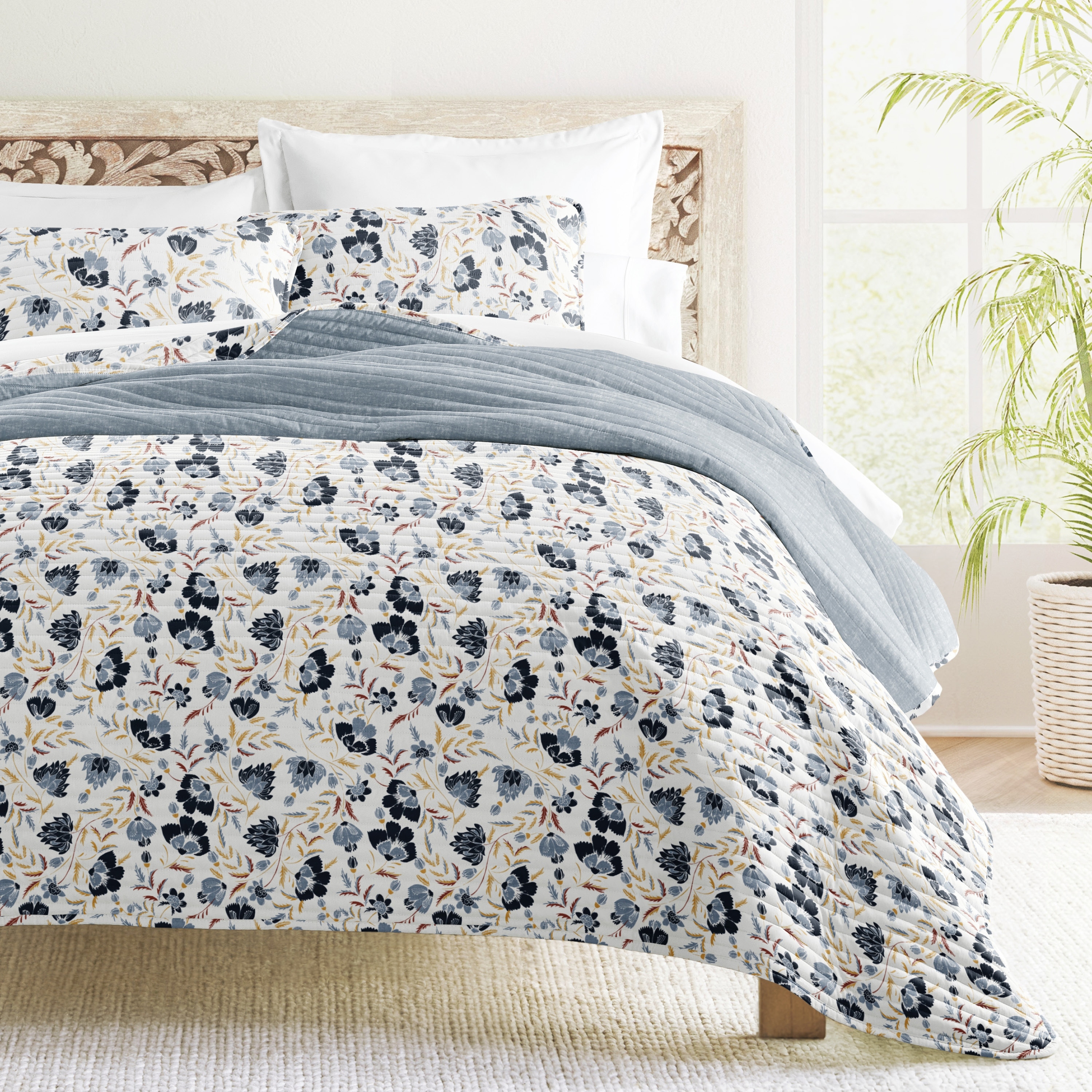 Laura Ashley Peony Garden Cotton Reversible Blue Quilt Set
