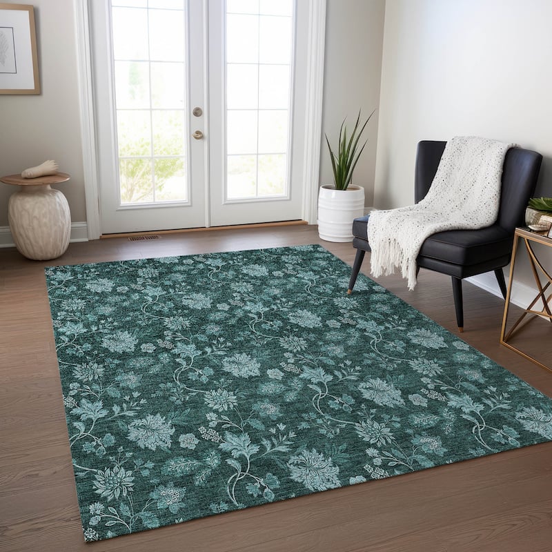 Machine Washable Indoor/ Outdoor Chantille Floral Farmhouse Rug - Teal - 10' x 14'