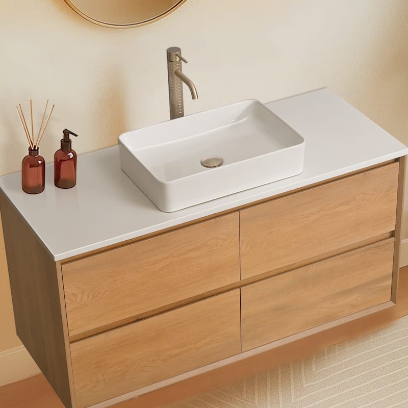 48" Floating Bathroom Vanity Quartz Counter Top with Ceramic Vessel Sink