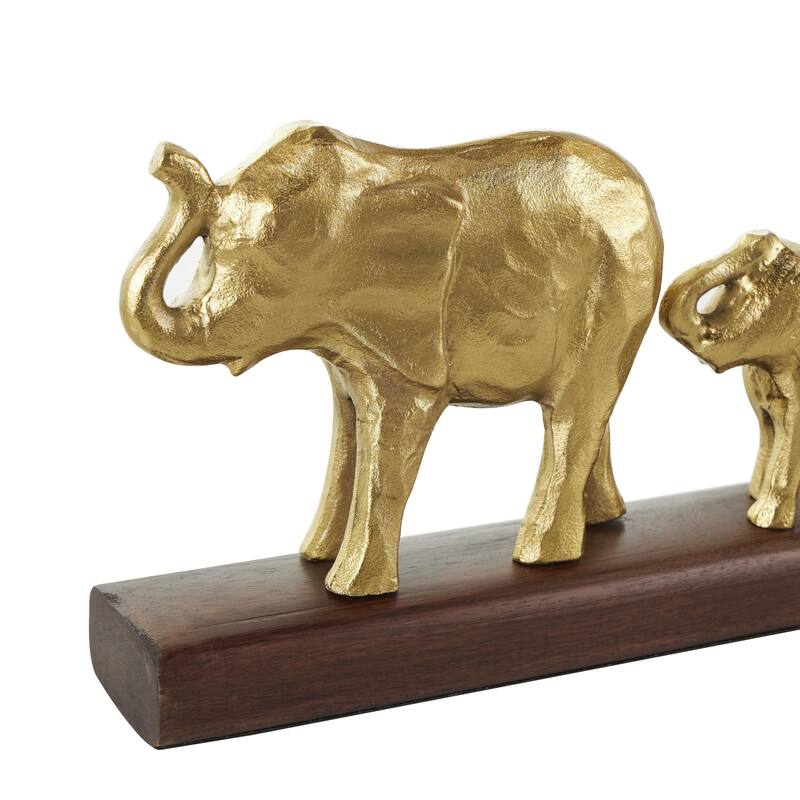 Aluminum Metal Elephant Decorative Sculpture with Brown Wooden Base - Gold - Roche River Decor
