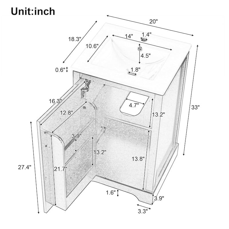 20" Bathroom Vanities Cabinet With Ceramic Sink Combo Set, Modern Bathroom Sink Cabinet With Soft Closing Door
