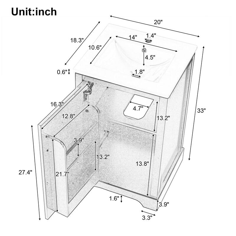Roomfitters 20" Bathroom Vanity with Sink Cabinet with Soft Closing Door Storage Rack Adjustable Shelf MDF Frame