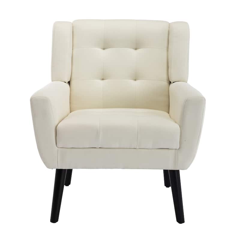 Beige Linen Modern 29.53" Upholstered Buttons Tufted Accent Chair with Black Solid Wood Legs