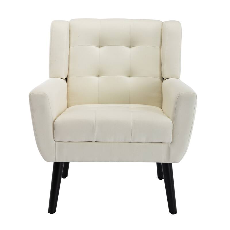 Linen Blend Upholstered Accent Chair with Curved Back and Black Metal Legs