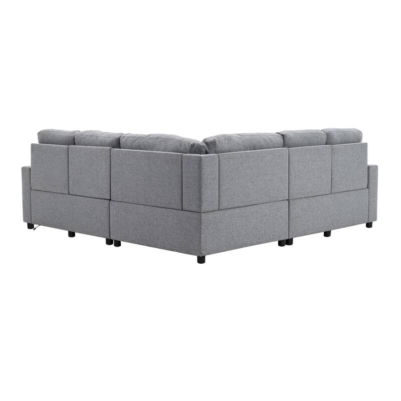 88.9" Linen Power Recliner Sectional 5-Seat Sofa with USB Ports and Storage Drawers