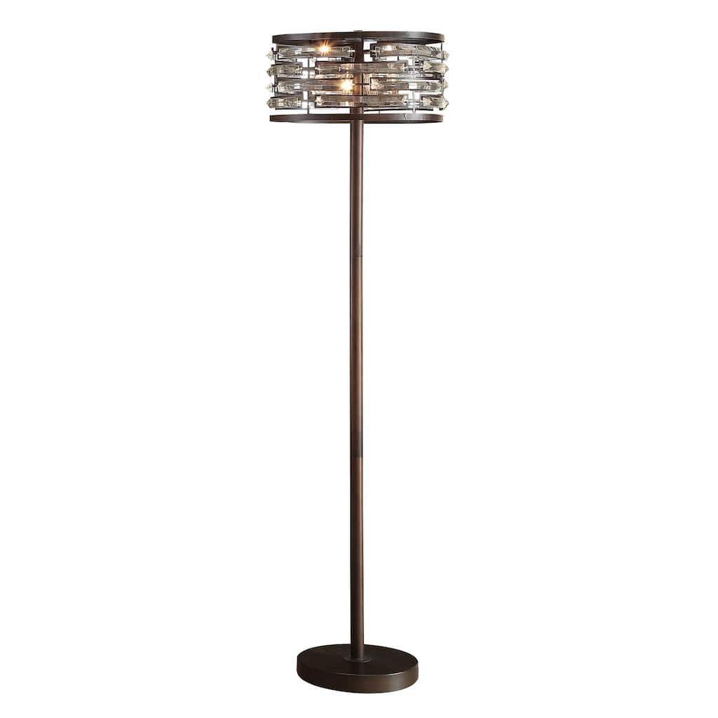 60 Inch Floor Lamp with Crystal Drum Shade, Metal Base, Antique Bronze.