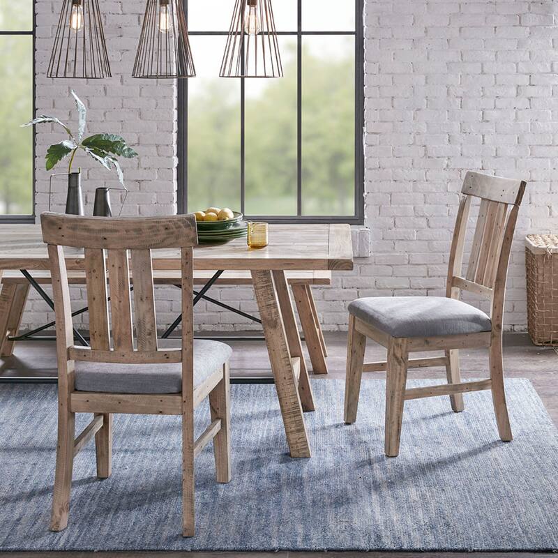 Roomfitters Dining Side Chair (Set of 2), Rustic Solid Pine Wood with Weathered Finish and Gray Upholstered Seat