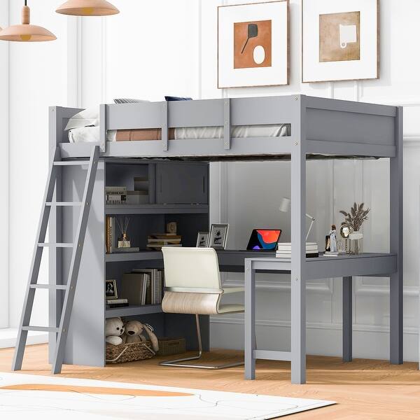 slide 2 of 9, Full Size Wood Loft Bed with Desk and Storage Shelf Gray