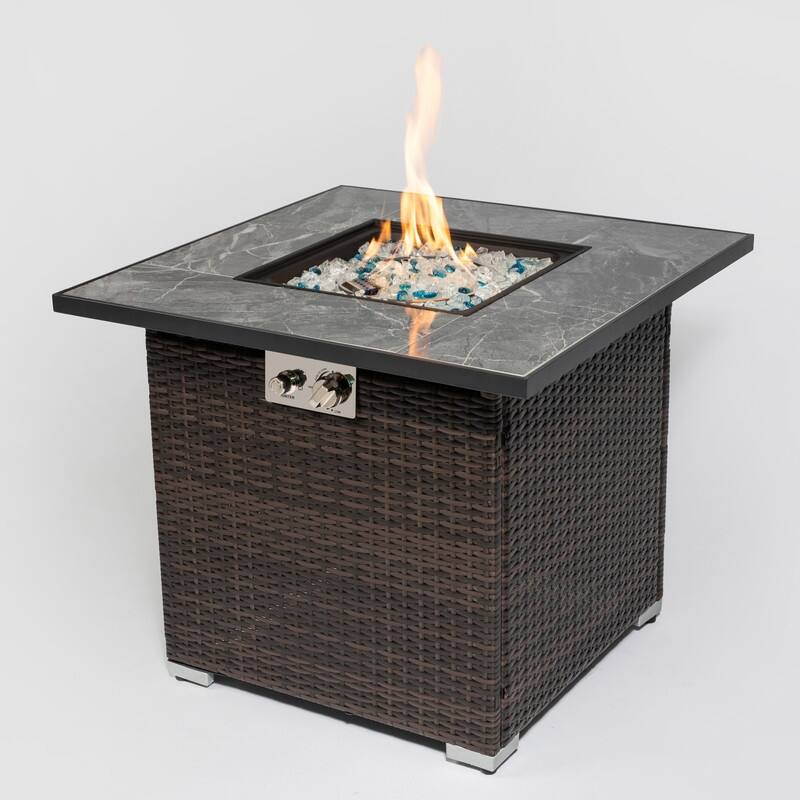 30" Propane Gas Fire Pit Table, 50000 BTU Square Fire Pit, Tile Tabletop with Beautiful Wicker Base