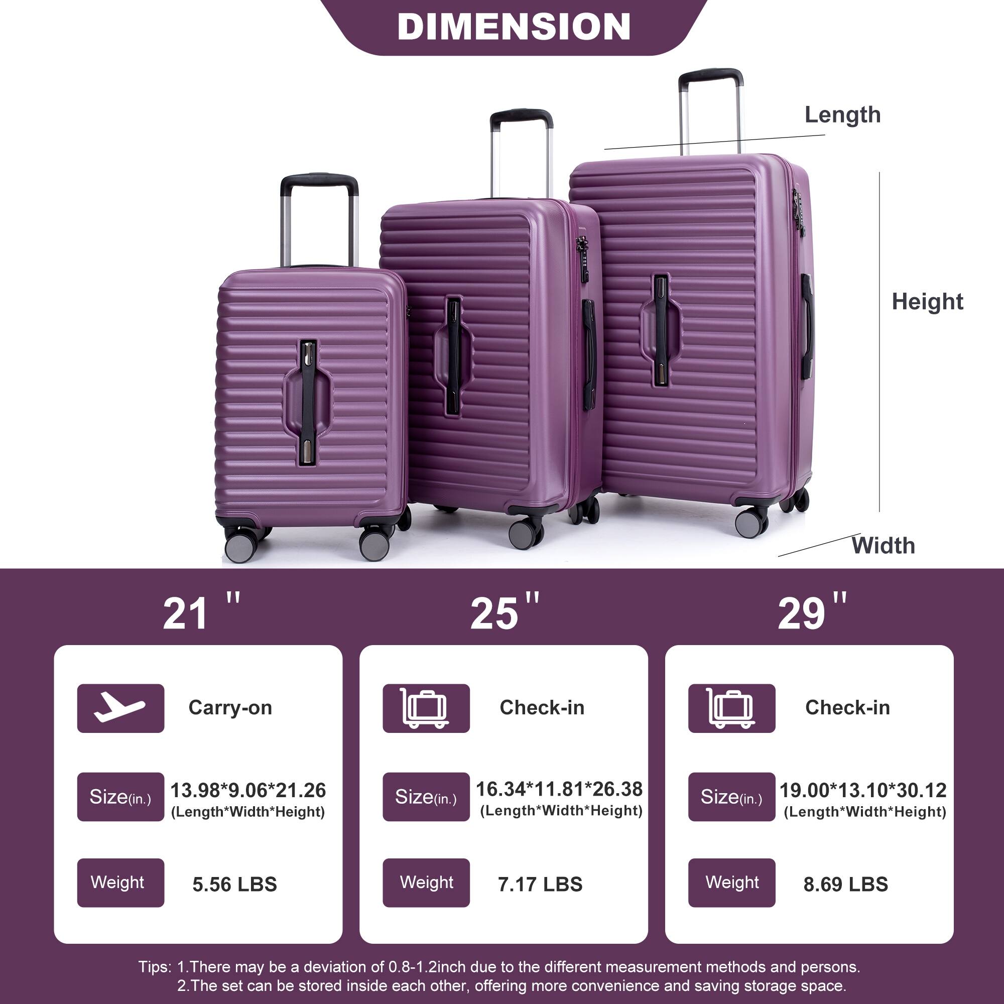 Dark Purple 3 Piece Set Lightweight Suitcase Hardside Carry On Luggage ...