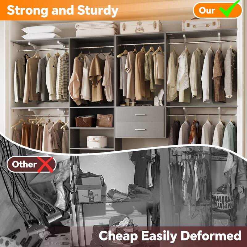 Closet System with 2 Sets, 154'' Walk-in Closet Organizer System with 2 Drawers & 8 Hanging Rods & 6 Reversible Shelf Towers