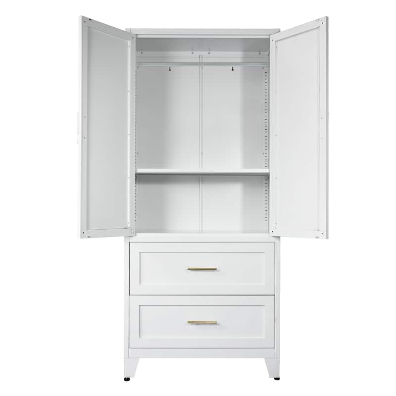 White Metal Wardrobe Closet with 2 Drawers and Hanging Rod, 71" Tall Bedroom Armoire Clothes Storage Cabinet with Shelf