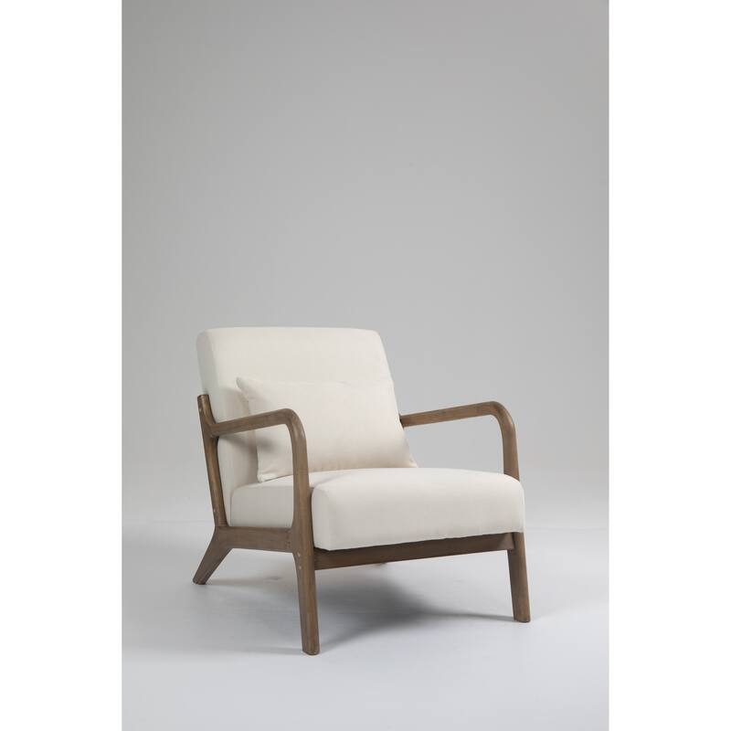 Upholstered Accent Chair with Lumbar Pillow, Living Room Chairs with Solid Wood Frame, Lounge Reading Armchair - White