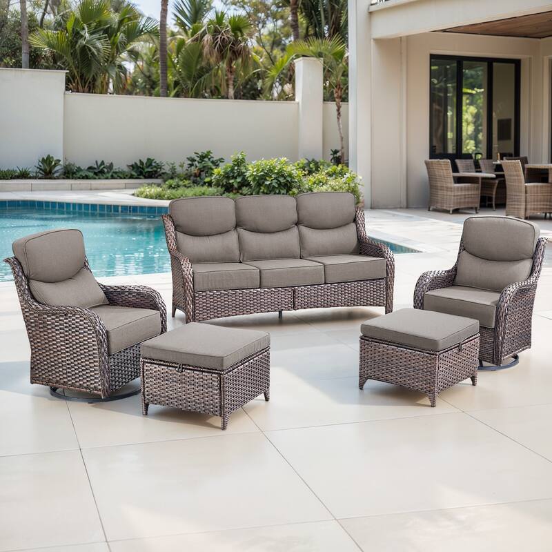 Gymojoy 5-Piece Patio Furniture Set with Swivel Glider Chairs, 6-Inch Ultra-Plush Cushions & Water-Resistant Olefin Fabric - Brown Wicker / Grey Cusion - 5-Piece