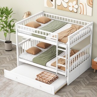 Full over Full Wooden Bunk Bed with Twin Size Trundle & Safety Rail, Convertible to 2 Platform Bedframe for Kids Teens Bedroom