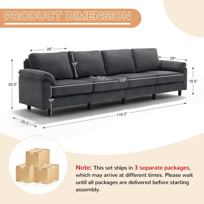116.5" Modern Corduroy Upholstered Sectional Sofa Rectangle 4-Seater Sofa