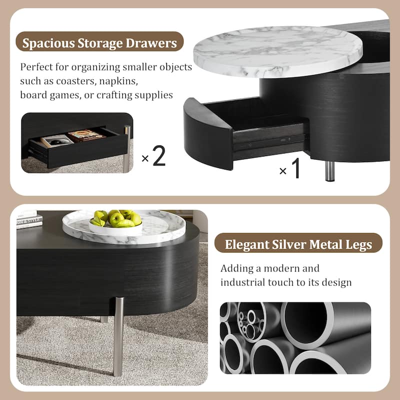 47" MDF Hydraulic Lift-Top Coffee Table - 5 Hidden Storage Compartments & Rotating Tray