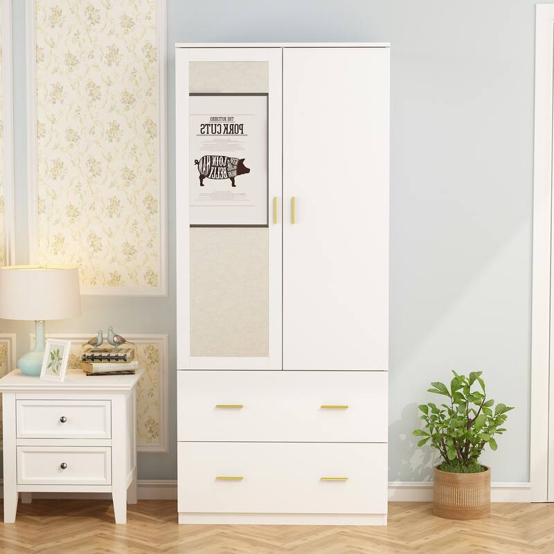 31.5"W x 72"H Two Door Wardrobe With Mirror White/Dark Brown Armoires - 31.5"W x 72"H