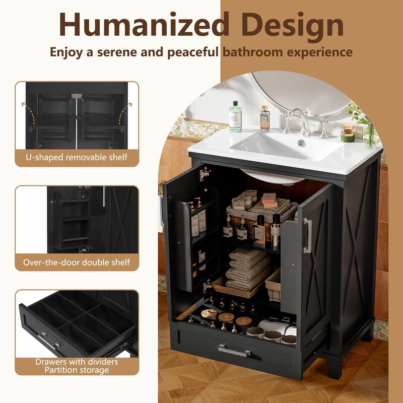 30" Bathroom Vanity - Solid Wood Frame, Single Sink, 2 Soft-Close Doors, Divided Drawer & Dual Storage Shelves