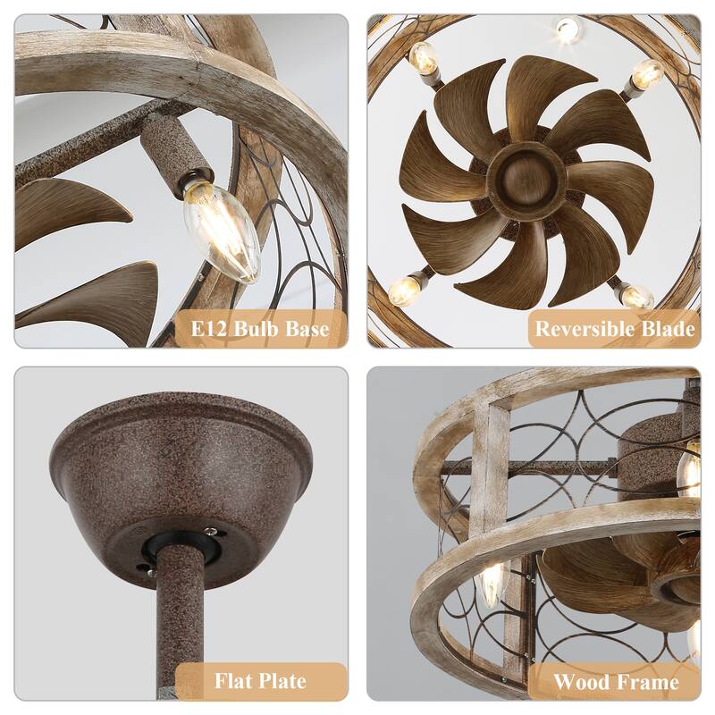 Cusp Barn 18'' Farmhouse Flush Mount Wood Ceiling Fan with Light, Rustic Bladeless Caged Ceiling Light, Antique Fandelier