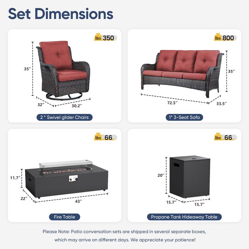 Pocassy Patio 5/7 Piece Sofa Swivel Chair Ottoman with Fire Pit Table