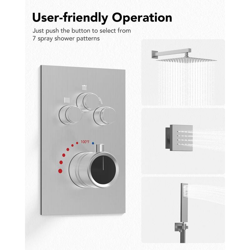 Thermostatic Shower System 12" Rain Shower Head with High Pressure Handheld Spray