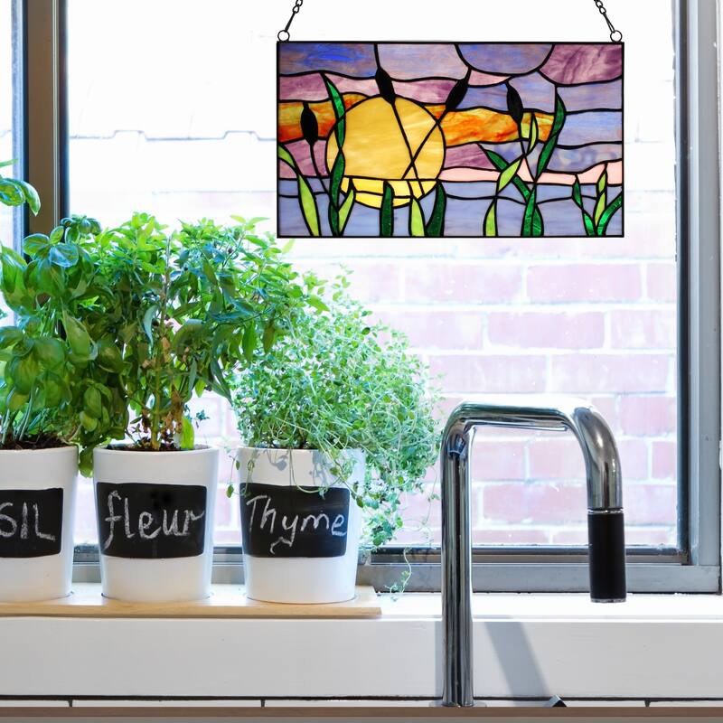 River of Goods Cattails Sunset River of Goods Multicolored Stained Glass Window Panel - 14" x 0.25" x 8.25"