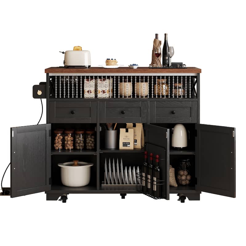 46.5''Farmhouse Kitchen Island with Drape of Beads, Power Outlet,Rolling Kitchen cart on Wheels with Drop Leaf,3 Doors,3 Drawers