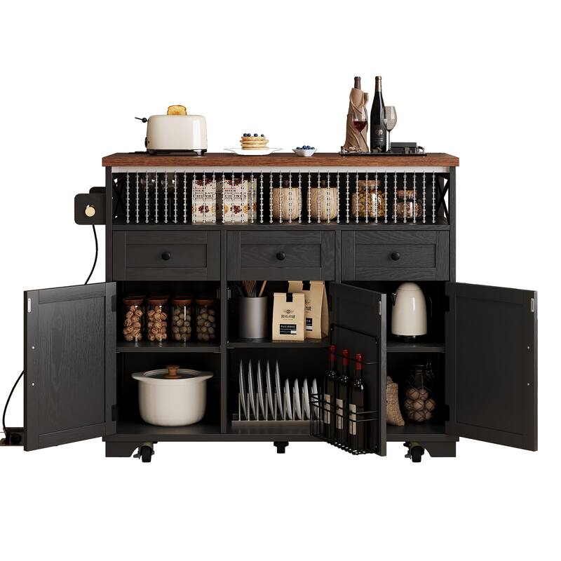 Roomfitters 46.5" Rolling Kitchen Island with Drop Leaf, Mobile Cart with 2 AC Outlets & USB, Beaded Drape & 3 Drawers
