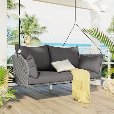 Outdoor Patio 2-Person Hanging Rattan Woven Porch Swings with Cushions - 44" x 15" in.