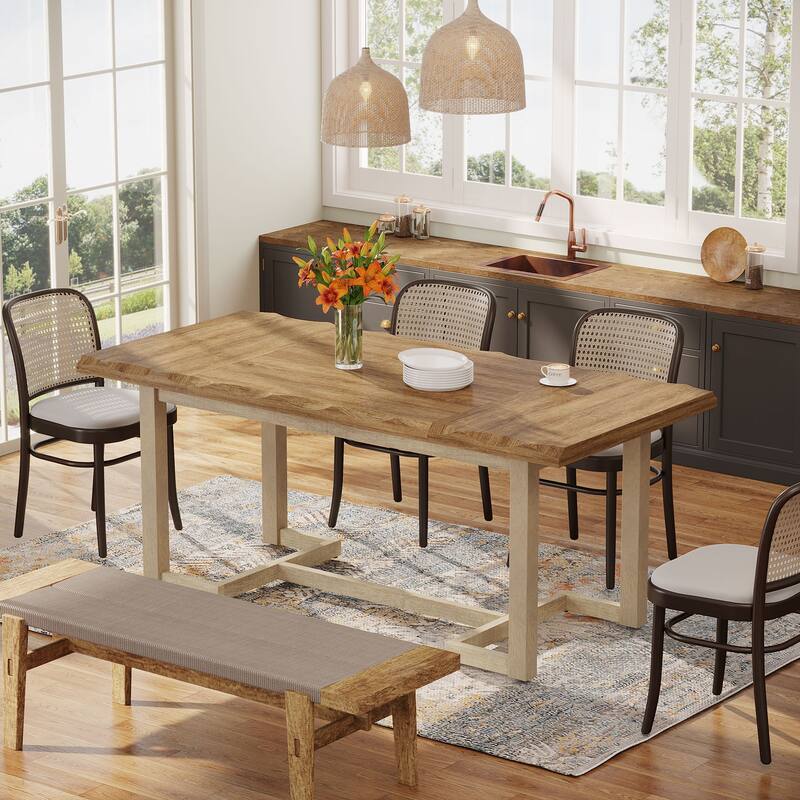 Rectangular Wood Dining Table with Solid Wood Legs, Kitchen Table for Dining/Living Room