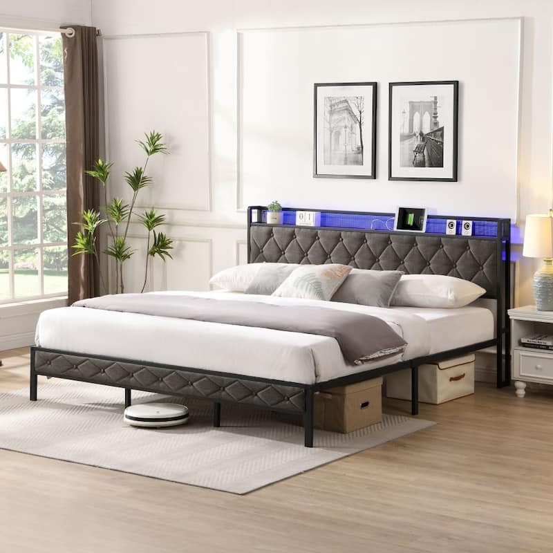 King Bed Frame with Storage Headboard, Charging Station and LED Lights, Upholstered Platform Bed - King - Grey