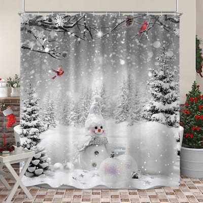 Christmas Shower Curtain Set 72x72, Gray Winter Forest Cardinal Decor