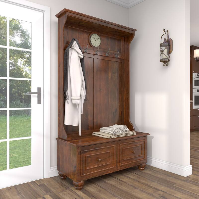 Brown Wood Large Tall Bench Storage 5 Hook and 2 Drawer Freestanding Coat Rack with Cream Clock