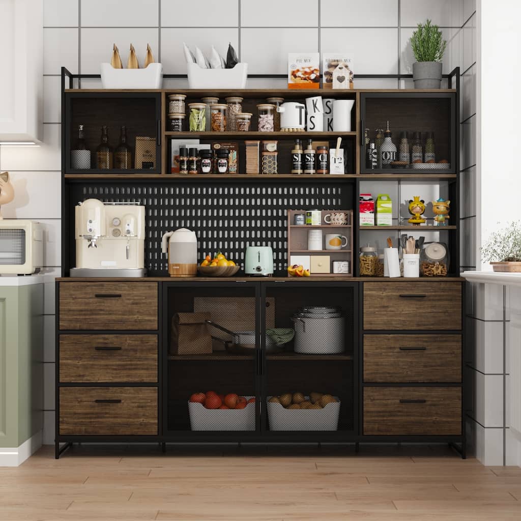 Large Kitchen Storage Cupboard Pantry with Metal Doors&6 Drawers&Shelf - 70.9"W