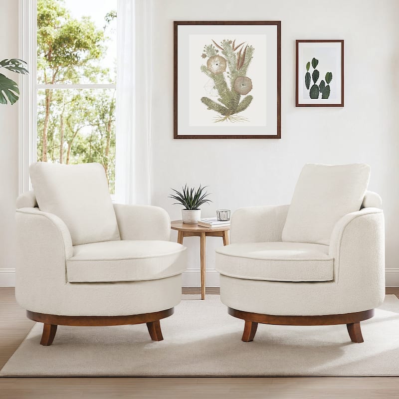 Set of 2 Comfortable Upholstered Swivel Chair with Soft Chenille and Wood Base - Beige