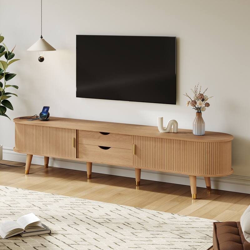 Wooden Oval TV Stand with Charging Station for TV up to 80", Fluted Sliding Tambour Door TV Cabinet Media Console, Natural