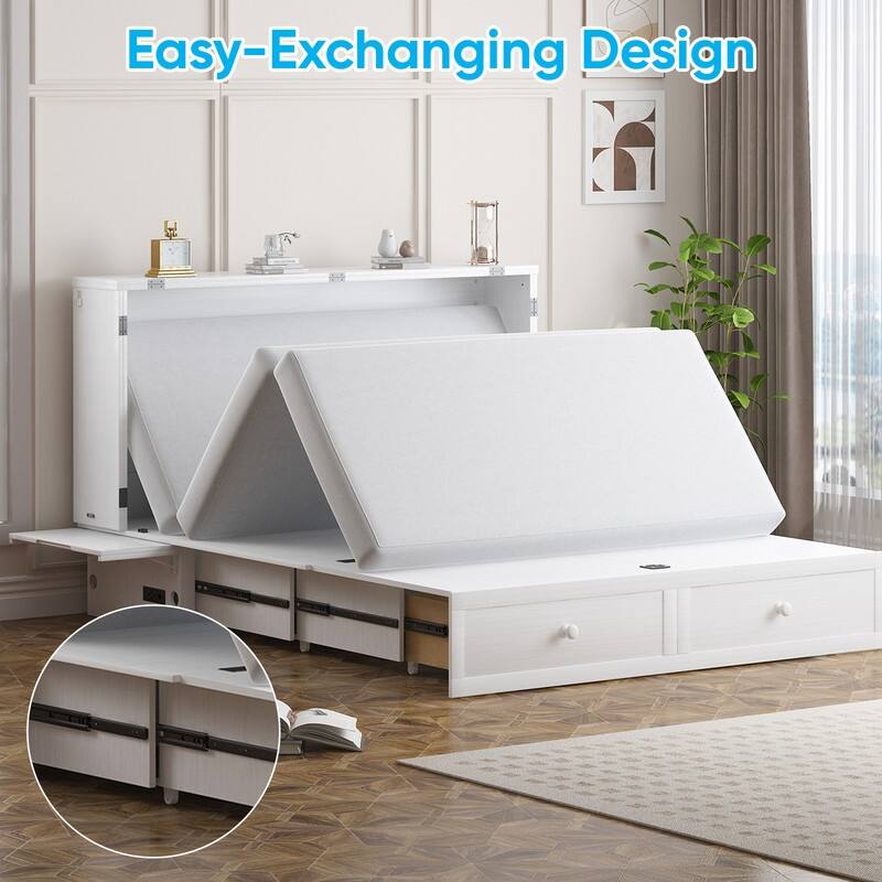 Mixoy Modern Queen Murphy Bed Chest with Mattress and USB ports
