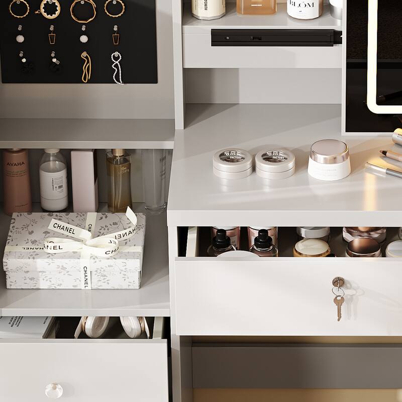 Makeup Vanity Desk with Sliding LED Mirror, 4 Drawers, 9 Storage Spaces & Stool
